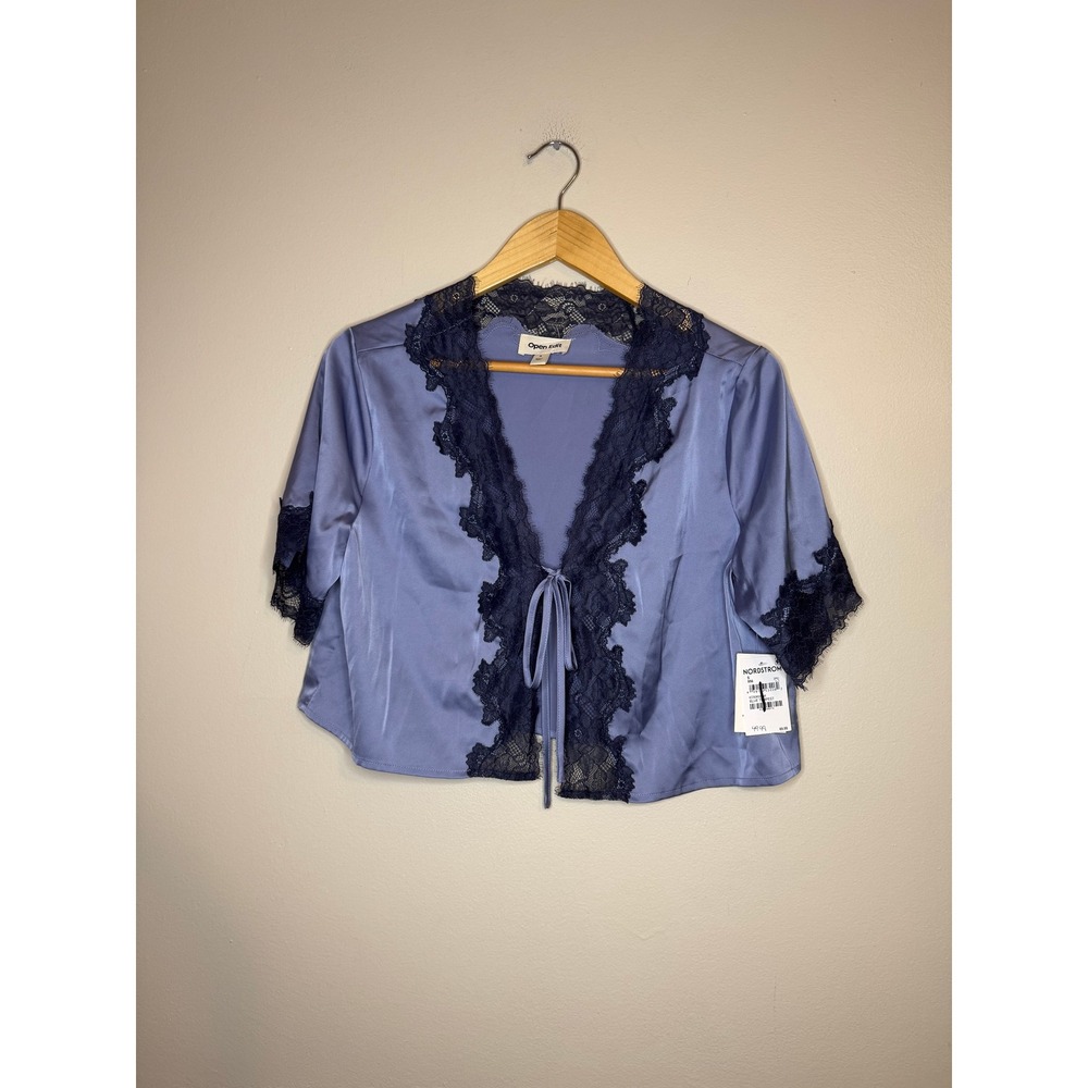 Open Edit Blue Satin Lace Trim Pajama Set Tie Front Top Wide Leg Pants Small NWT